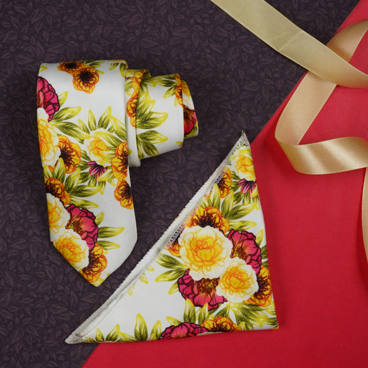 Rizoro Mens Printed Silk Necktie Gift Set With Pocket Square Formal Tie with Box (Yellow, Free Size) | (Gift Box) (Pack of 2)