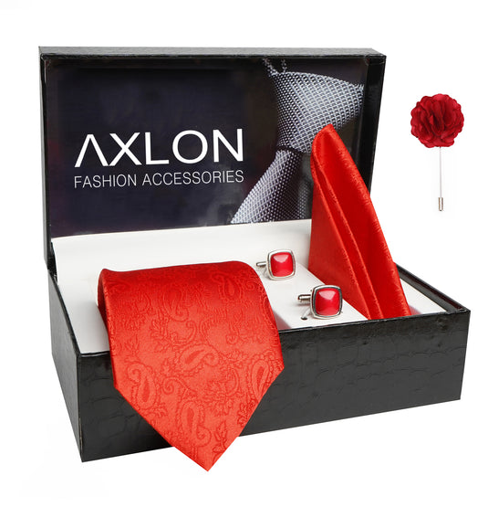 Axlon Mens Plaid Paisley Silk Necktie Gift Set With Pocket Square Cufflinks & Brooch Pin Tie For Men Formal With Leatherite Box