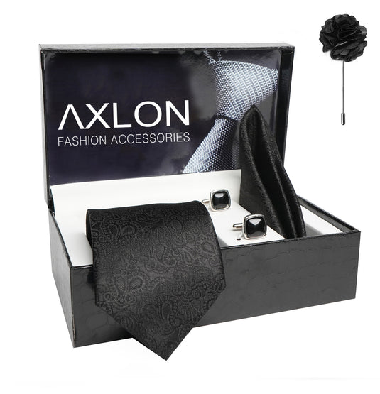 Axlon Mens Plaid Paisley Silk Necktie Gift Set With Pocket Square Cufflinks & Brooch Pin Tie For Men Formal With Leatherite Box