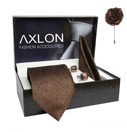 Axlon Mens Plaid Paisley Silk Necktie Gift Set With Pocket Square Cufflinks & Brooch Pin Tie For Men Formal With Leatherite Box