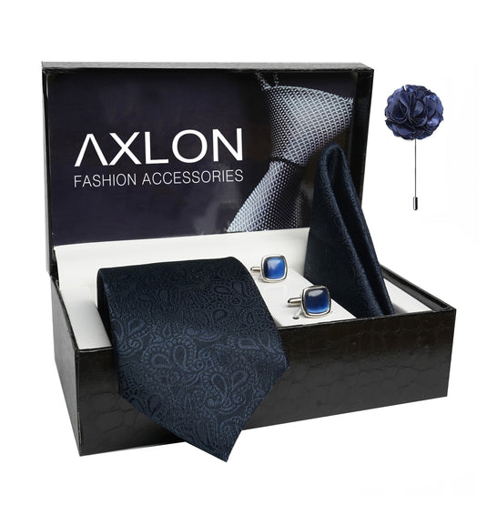 Axlon Mens Plaid Paisley Silk Necktie Gift Set With Pocket Square Cufflinks & Brooch Pin Tie For Men Formal With Leatherite Box