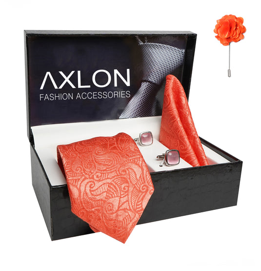 Axlon Mens Plaid Paisley Silk Necktie Gift Set With Pocket Square Cufflinks & Brooch Pin Tie For Men Formal With Leatherite Box