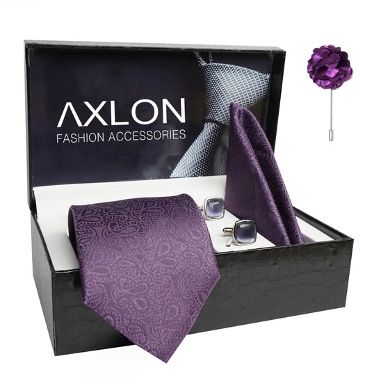 Axlon Mens Plaid Paisley Silk Necktie Gift Set With Pocket Square Cufflinks & Brooch Pin Tie For Men Formal With Leatherite Box