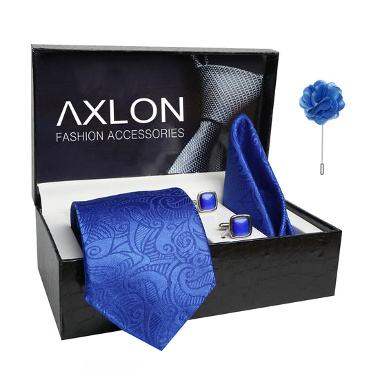 Axlon Mens Plaid Paisley Silk Necktie Gift Set With Pocket Square Cufflinks & Brooch Pin Tie For Men Formal With Leatherite Box