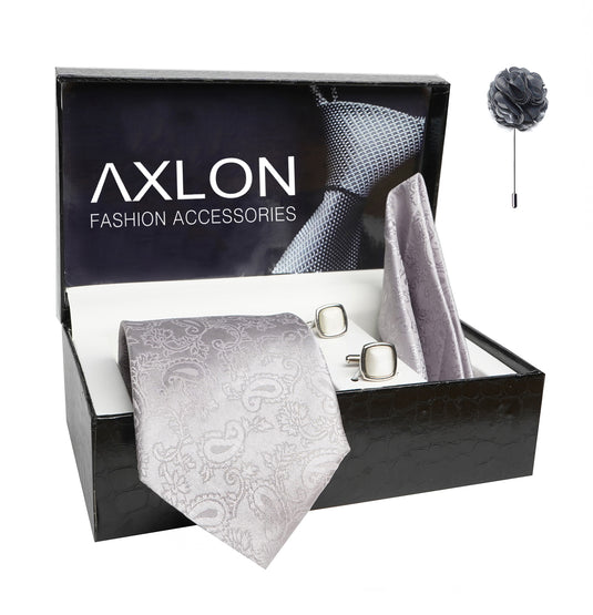 Axlon Mens Plaid Paisley Silk Necktie Gift Set With Pocket Square Cufflinks & Brooch Pin Tie For Men Formal With Leatherite Box