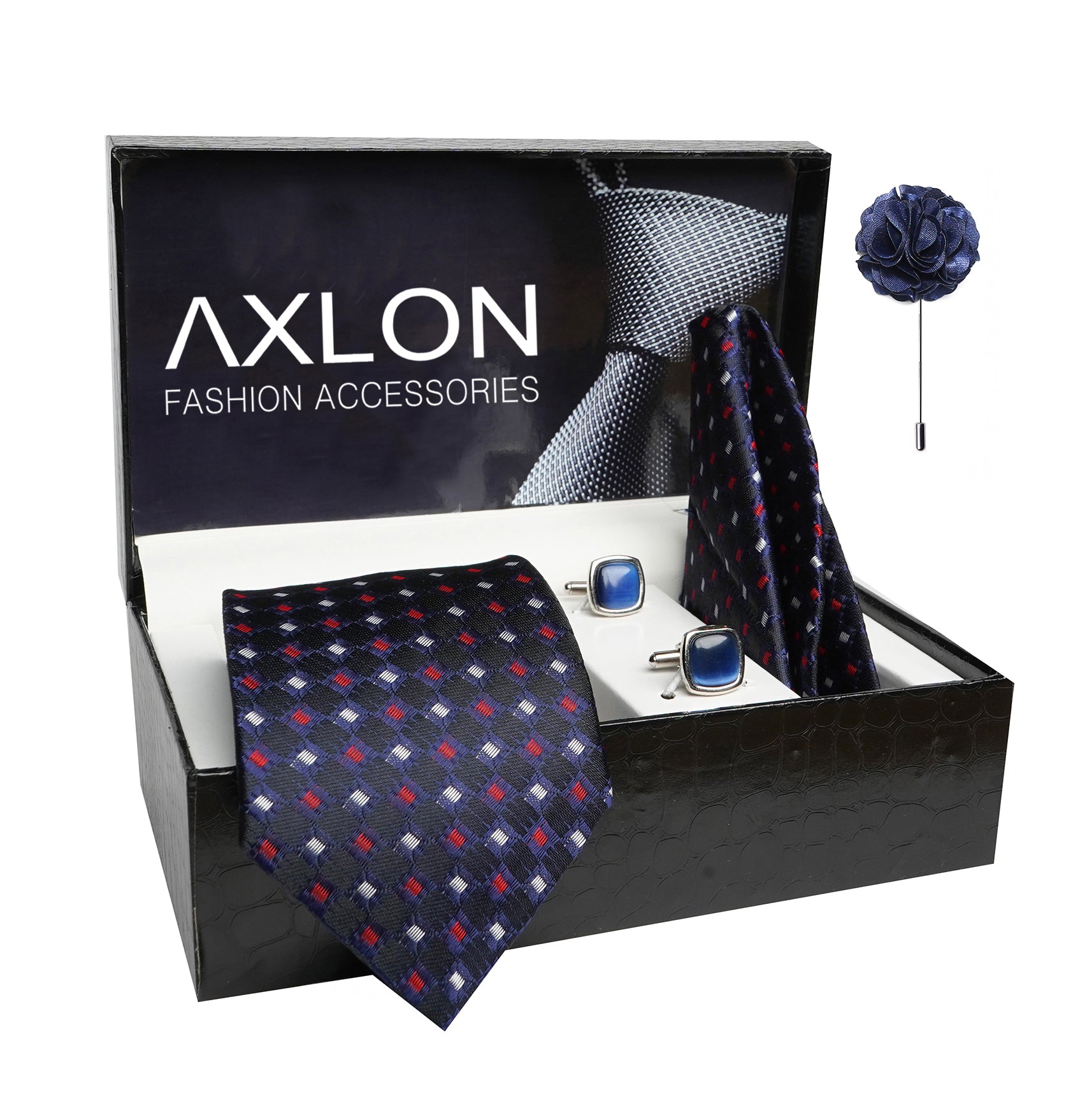 Axlon Mens Plaid Dotted Silk Necktie Gift Set With Pocket Square Cufflinks & Brooch Pin Tie For Men Formal With Leatherite Box