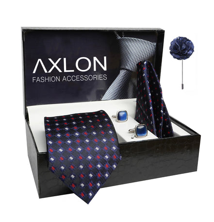 Axlon Mens Plaid Dotted Silk Necktie Gift Set With Pocket Square Cufflinks & Brooch Pin Tie For Men Formal With Leatherite Box