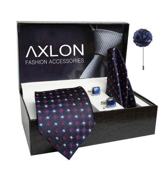 Axlon Mens Plaid Dotted Silk Necktie Gift Set With Pocket Square Cufflinks & Brooch Pin Tie For Men Formal With Leatherite Box