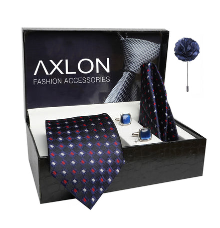Axlon Mens Plaid Dotted Silk Necktie Gift Set With Pocket Square Cufflinks & Brooch Pin Tie For Men Formal With Leatherite Box