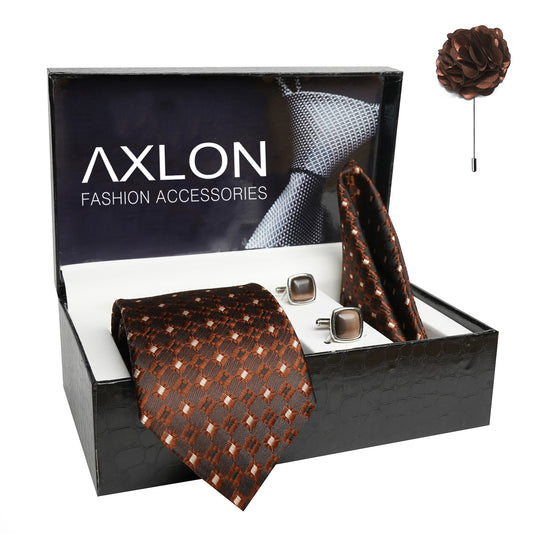 Axlon Mens Plaid Dotted Silk Necktie Gift Set With Pocket Square Cufflinks & Brooch Pin Tie For Men Formal With Leatherite Box