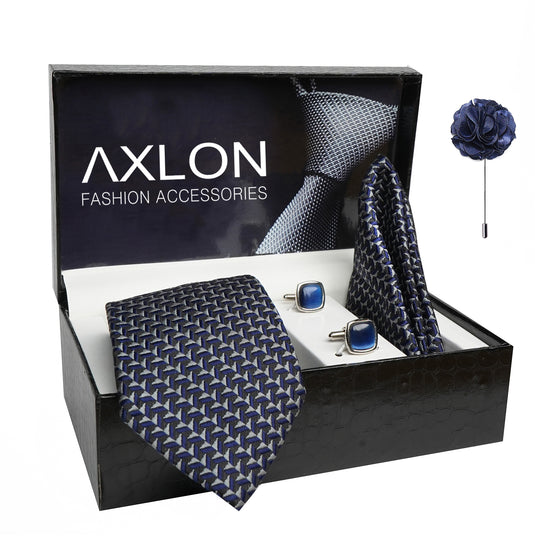 Axlon Mens Plaid Dotted Silk Necktie Gift Set With Pocket Square Cufflinks & Brooch Pin Tie For Men Formal With Leatherite Box