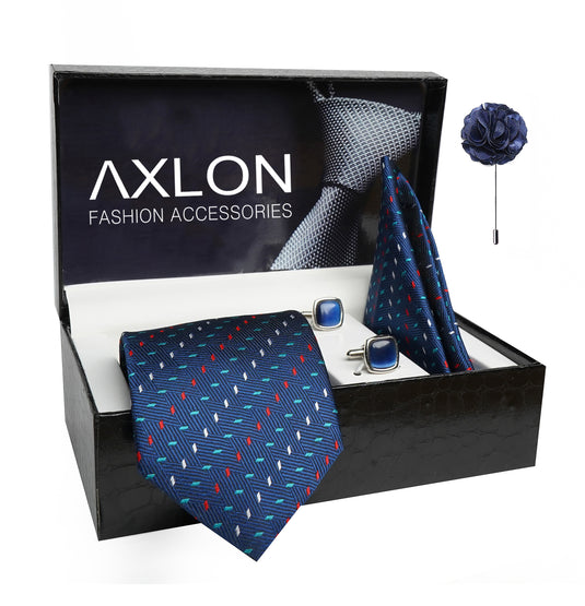 Axlon Mens Plaid Dotted Silk Necktie Gift Set With Pocket Square Cufflinks & Brooch Pin Tie For Men Formal With Leatherite Box