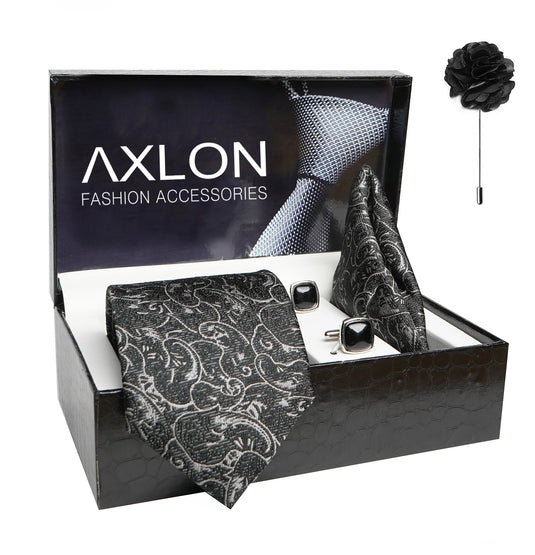 Axlon Mens Plaid Paisley Silk Necktie Gift Set With Pocket Square Cufflinks & Brooch Pin Tie For Men Formal With Leatherite Box