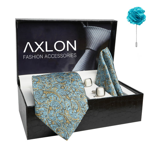 Axlon Mens Plaid Paisley Silk Necktie Gift Set With Pocket Square Cufflinks & Brooch Pin Tie For Men Formal With Leatherite Box