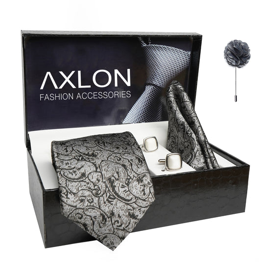 Axlon Mens Plaid Paisley Silk Necktie Gift Set With Pocket Square Cufflinks & Brooch Pin Tie For Men Formal With Leatherite Box