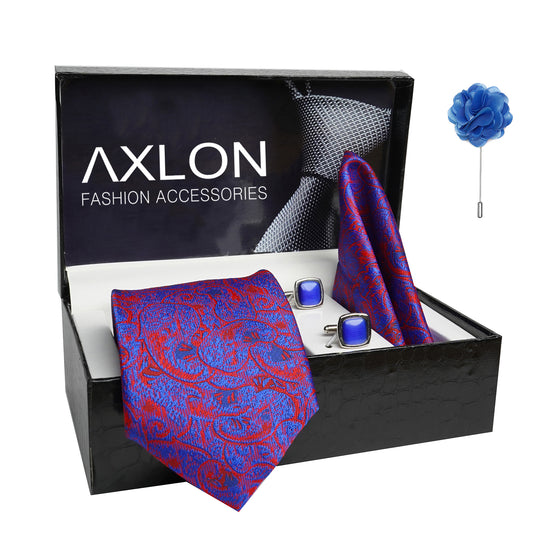 Axlon Mens Plaid Paisley Silk Necktie Gift Set With Pocket Square Cufflinks & Brooch Pin Tie For Men Formal With Leatherite Box