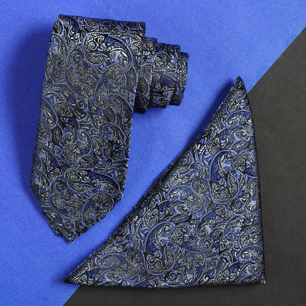 Rizoro Mens Pasiley Micro Silk Necktie Gift Set With Pocket Square Formal Tie with Box (Blue, Free Size) | (Gift Box) (Pack of 2)