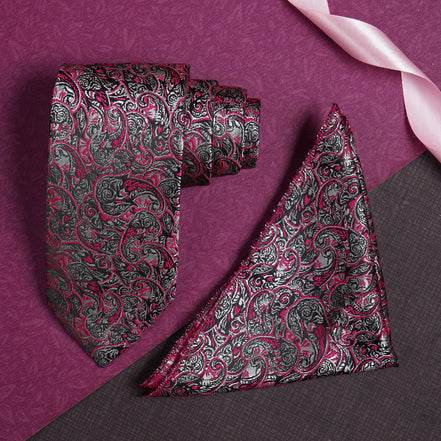 Rizoro Mens Pasiley Micro Silk Necktie Gift Set With Pocket Square Formal Tie with Box (Pink, Free Size) | (Gift Box) (Pack of 2)