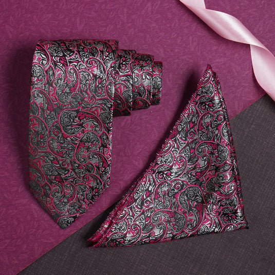 Rizoro Mens Pasiley Micro Silk Necktie Gift Set With Pocket Square Formal Tie with Box (Pink, Free Size) | (Gift Box) (Pack of 2)