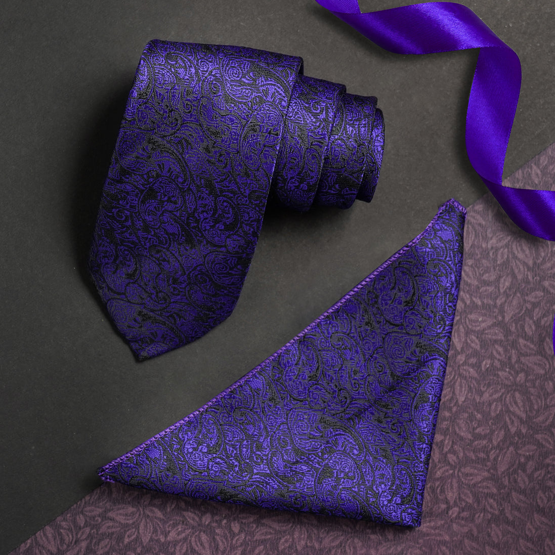 Rizoro Mens Pasiley Micro Silk Necktie Gift Set With Pocket Square Formal Tie with Box (Purple, Free Size) | (Gift Box) (Pack of 2)