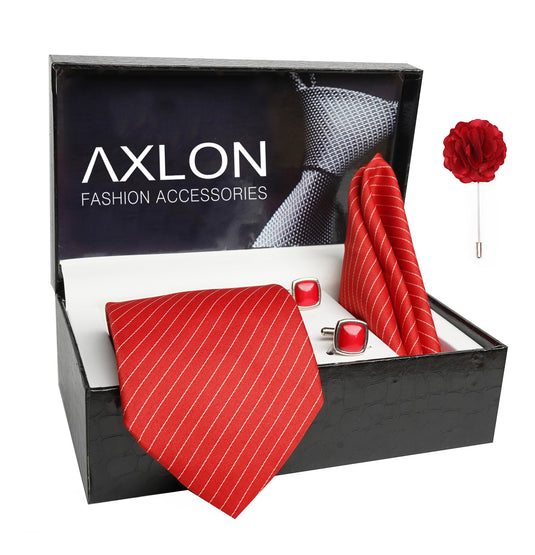 Axlon Mens Plaid Stripped Silk Necktie Gift Set With Pocket Square Cufflinks & Brooch Pin Tie For Men Formal With Leatherite Box