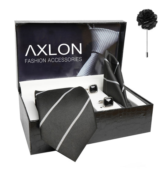 Axlon Mens Plaid Stripped Silk Necktie Gift Set With Pocket Square Cufflinks & Brooch Pin Tie For Men Formal With Leatherite Box