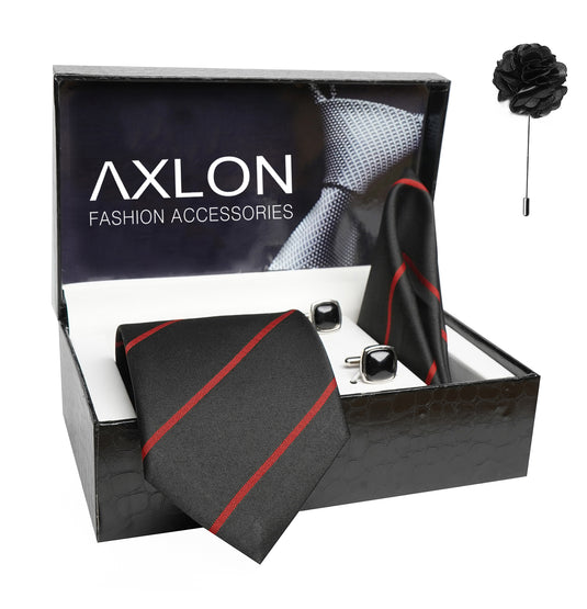 Axlon Mens Plaid Stripped Silk Necktie Gift Set With Pocket Square Cufflinks & Brooch Pin Tie For Men Formal With Leatherite Box