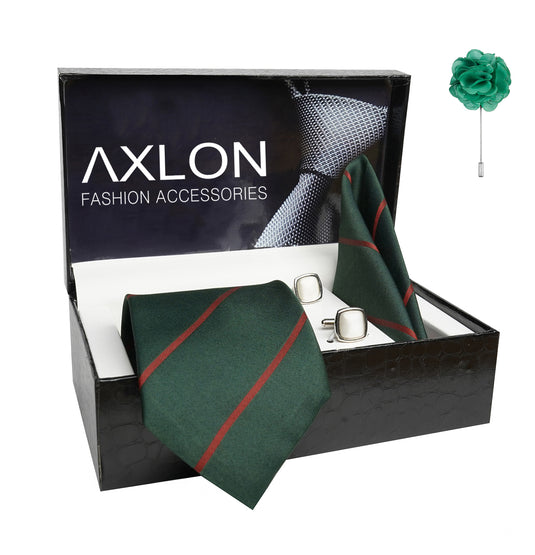 Axlon Mens Plaid Stripped Silk Necktie Gift Set With Pocket Square Cufflinks & Brooch Pin Tie For Men Formal With Leatherite Box