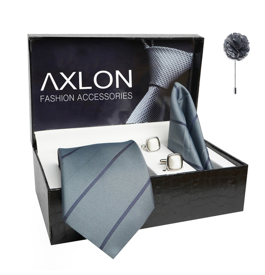 Axlon Mens Plaid Stripped Silk Necktie Gift Set With Pocket Square Cufflinks & Brooch Pin Tie For Men Formal With Leatherite Box