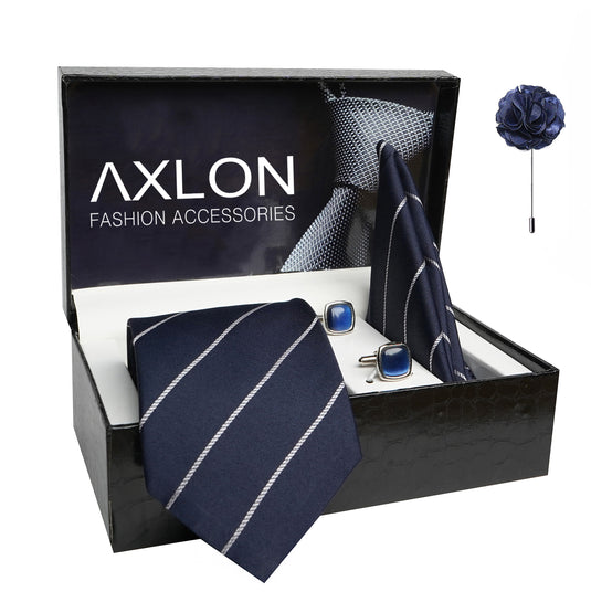 Axlon Mens Plaid Stripped Silk Necktie Gift Set With Pocket Square Cufflinks & Brooch Pin Tie For Men Formal With Leatherite Box