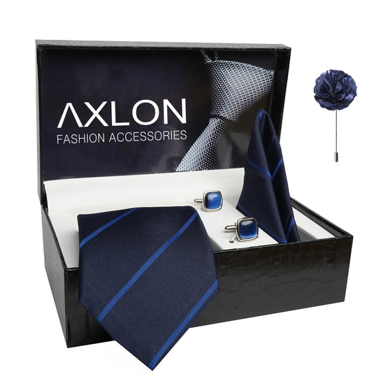 Axlon Mens Plaid Stripped Silk Necktie Gift Set With Pocket Square Cufflinks & Brooch Pin Tie For Men Formal With Leatherite Box