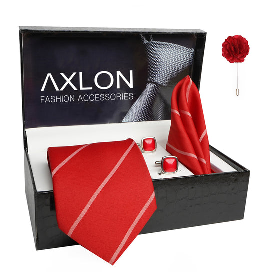 Axlon Mens Plaid Stripped Silk Necktie Gift Set With Pocket Square Cufflinks & Brooch Pin Tie For Men Formal With Leatherite Box