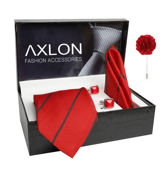 Axlon Mens Plaid Stripped Silk Necktie Gift Set With Pocket Square Cufflinks & Brooch Pin Tie For Men Formal With Leatherite Box