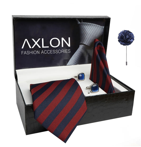 Axlon Mens Plaid Stripped Silk Necktie Gift Set With Pocket Square Cufflinks & Brooch Pin Tie For Men Formal With Leatherite Box