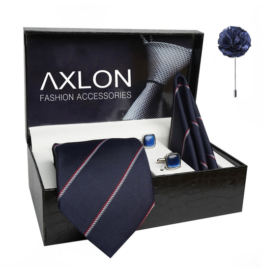 Axlon Mens Plaid Stripped Silk Necktie Gift Set With Pocket Square Cufflinks & Brooch Pin Tie For Men Formal With Leatherite Box