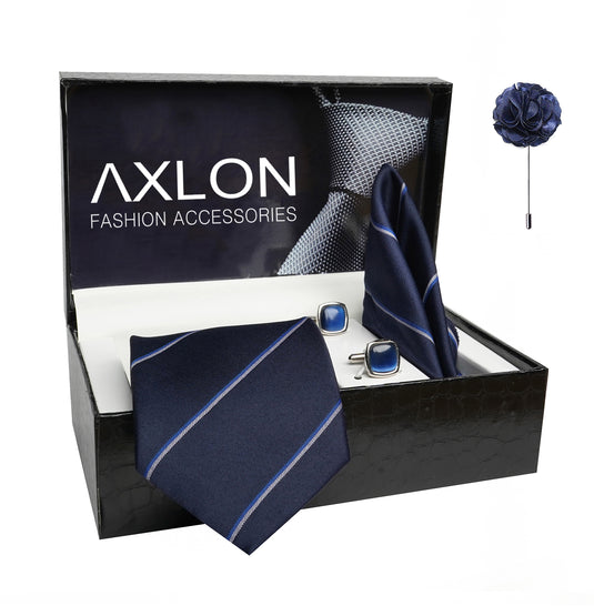 Axlon Mens Plaid Stripped Silk Necktie Gift Set With Pocket Square Cufflinks & Brooch Pin Tie For Men Formal With Leatherite Box