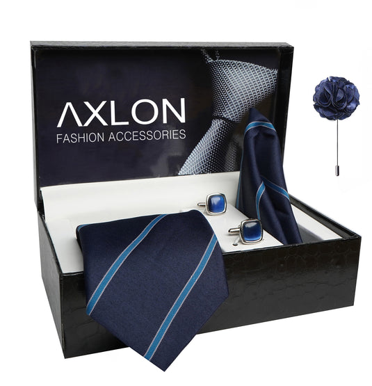 Axlon Mens Plaid Stripped Silk Necktie Gift Set With Pocket Square Cufflinks & Brooch Pin Tie For Men Formal With Leatherite Box