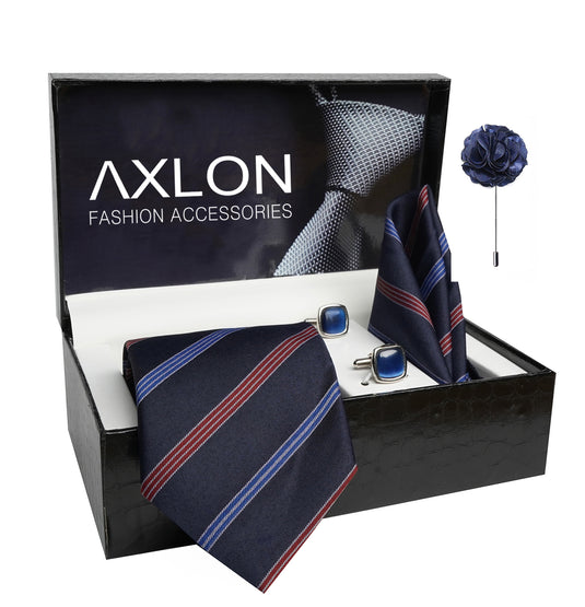 Axlon Mens Plaid Stripped Silk Necktie Gift Set With Pocket Square Cufflinks & Brooch Pin Tie For Men Formal With Leatherite Box