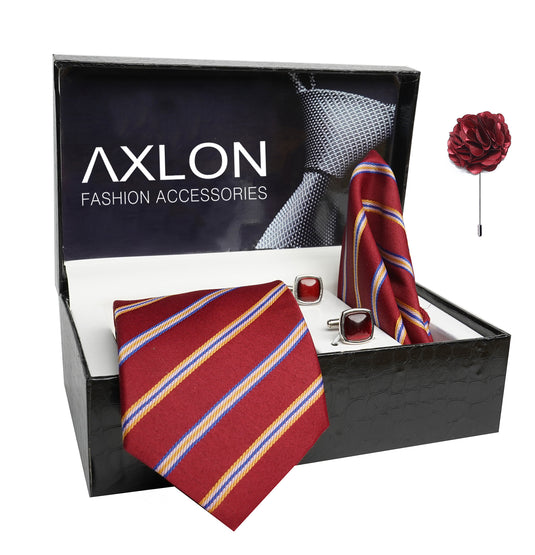 Axlon Mens Plaid Stripped Silk Necktie Gift Set With Pocket Square Cufflinks & Brooch Pin Tie For Men Formal With Leatherite Box