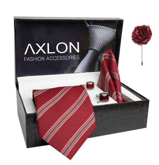 Axlon Mens Plaid Stripped Silk Necktie Gift Set With Pocket Square Cufflinks & Brooch Pin Tie For Men Formal With Leatherite Box