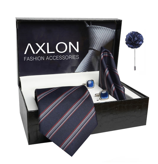 Axlon Mens Plaid Stripped Silk Necktie Gift Set With Pocket Square Cufflinks & Brooch Pin Tie For Men Formal With Leatherite Box