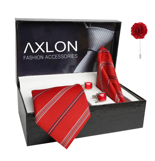 Axlon Mens Plaid Stripped Silk Necktie Gift Set With Pocket Square Cufflinks & Brooch Pin Tie For Men Formal With Leatherite Box