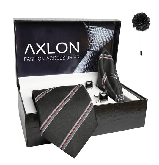 Axlon Mens Plaid Stripped Silk Necktie Gift Set With Pocket Square Cufflinks & Brooch Pin Tie For Men Formal With Leatherite Box