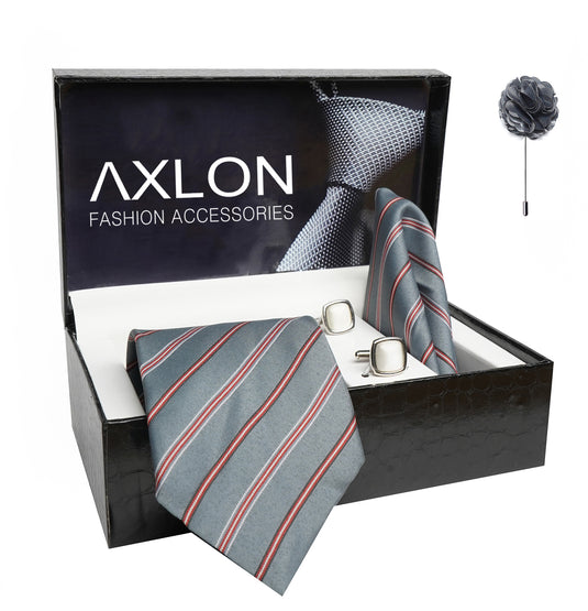 Axlon Mens Plaid Stripped Silk Necktie Gift Set With Pocket Square Cufflinks & Brooch Pin Tie For Men Formal With Leatherite Box