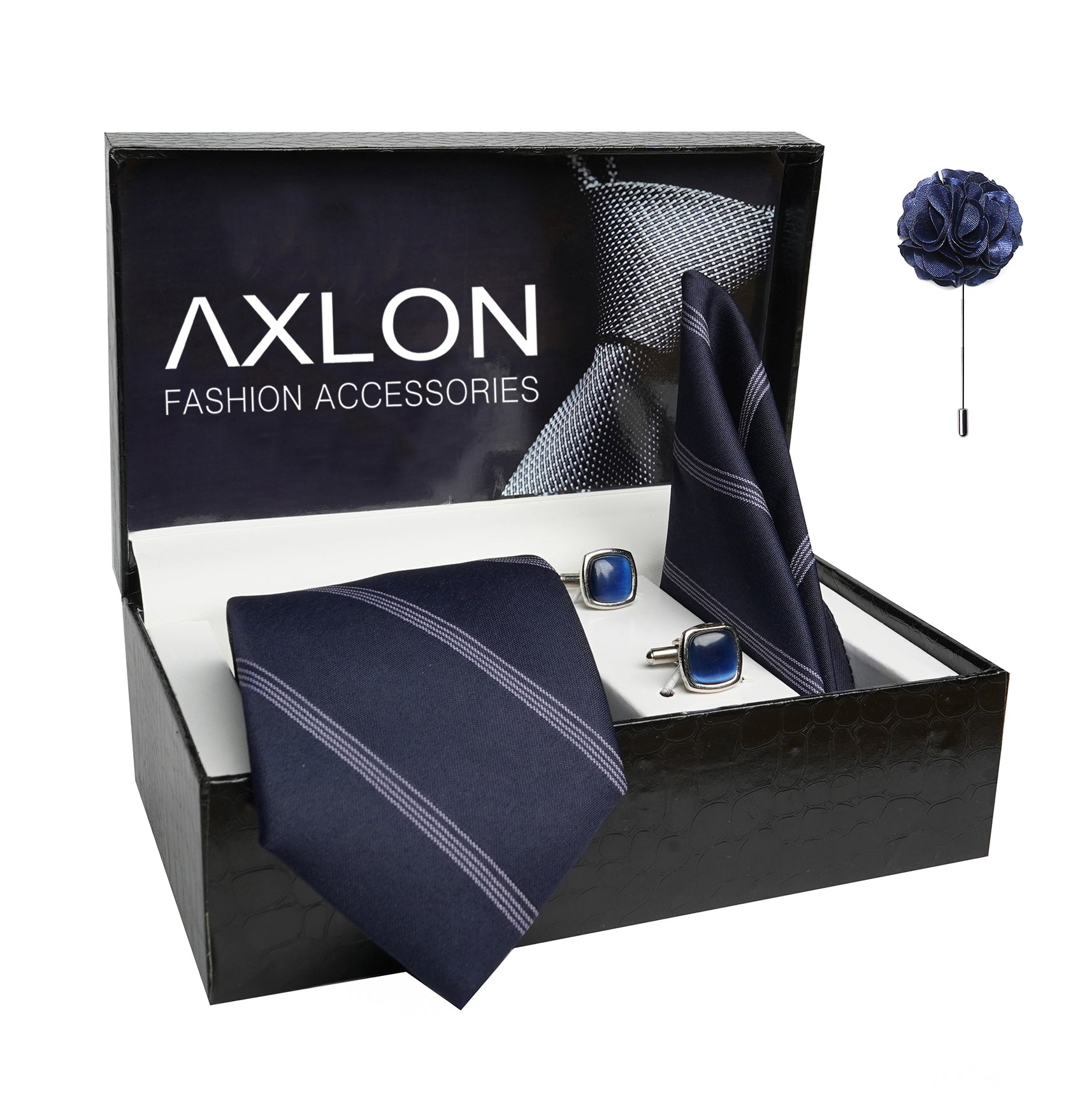 Axlon Mens Plaid Stripped Silk Necktie Gift Set With Pocket Square Cufflinks & Brooch Pin Tie For Men Formal With Leatherite Box