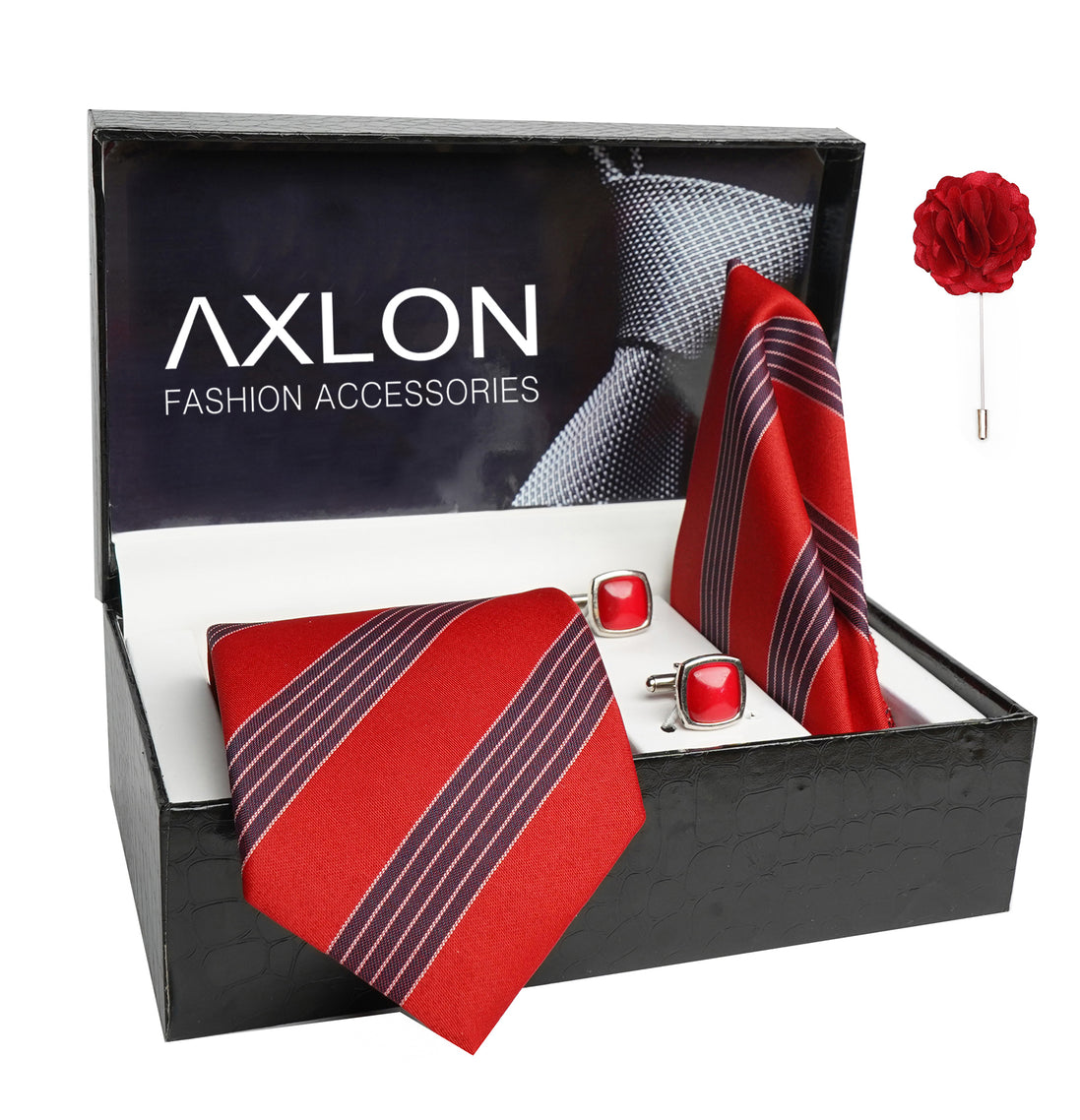 Axlon Mens Plaid Stripped Silk Necktie Gift Set With Pocket Square Cufflinks & Brooch Pin Tie For Men Formal With Leatherite Box