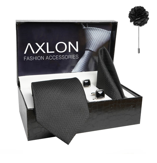 Axlon Mens Plaid Micro Self Silk Necktie Gift Set With Pocket Square Cufflinks & Brooch Pin Tie For Men Formal With Leatherite Box