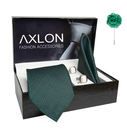 Axlon Mens Plaid Micro Self Silk Necktie Gift Set With Pocket Square Cufflinks & Brooch Pin Tie For Men Formal With Leatherite Box