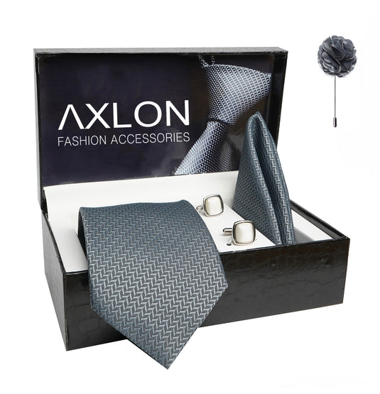 Axlon Mens Plaid Micro Self Silk Necktie Gift Set With Pocket Square Cufflinks & Brooch Pin Tie For Men Formal With Leatherite Box