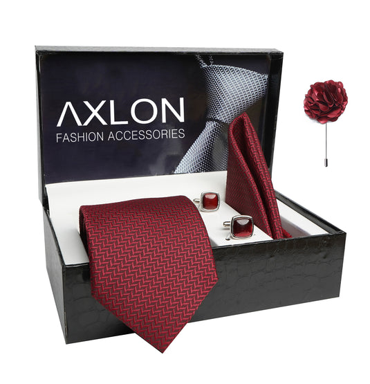 Axlon Mens Plaid Micro Self Silk Necktie Gift Set With Pocket Square Cufflinks & Brooch Pin Tie For Men Formal With Leatherite Box